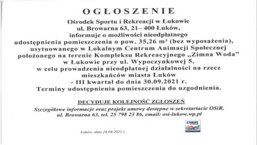 Ogłoszenie o nieodpłatnym udostępnieniu Lokalnego Centrum Animacji Społecznej
