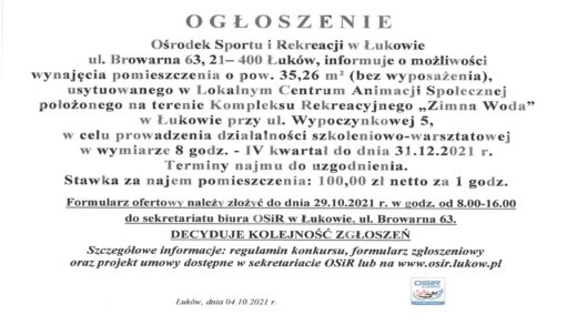 Ogłoszenie lokalne centrum animacji spolecznej