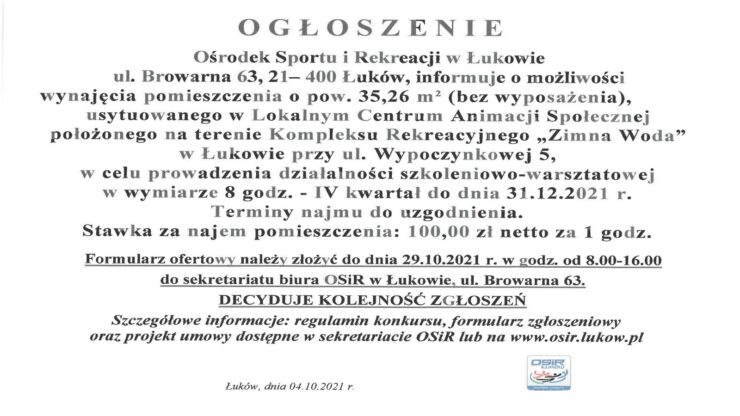 Ogłoszenie lokalne centrum animacji spolecznej